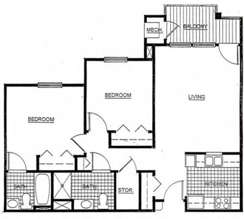 Floor plan for 2 beds, 2 baths, 820 sqft
